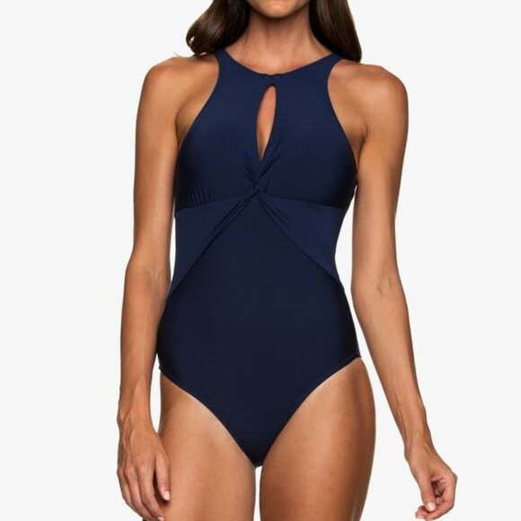 Helen Jon Women's High Neck Cutout One-Piece Swimsuit in Navy Blue - Picture 1 of 9